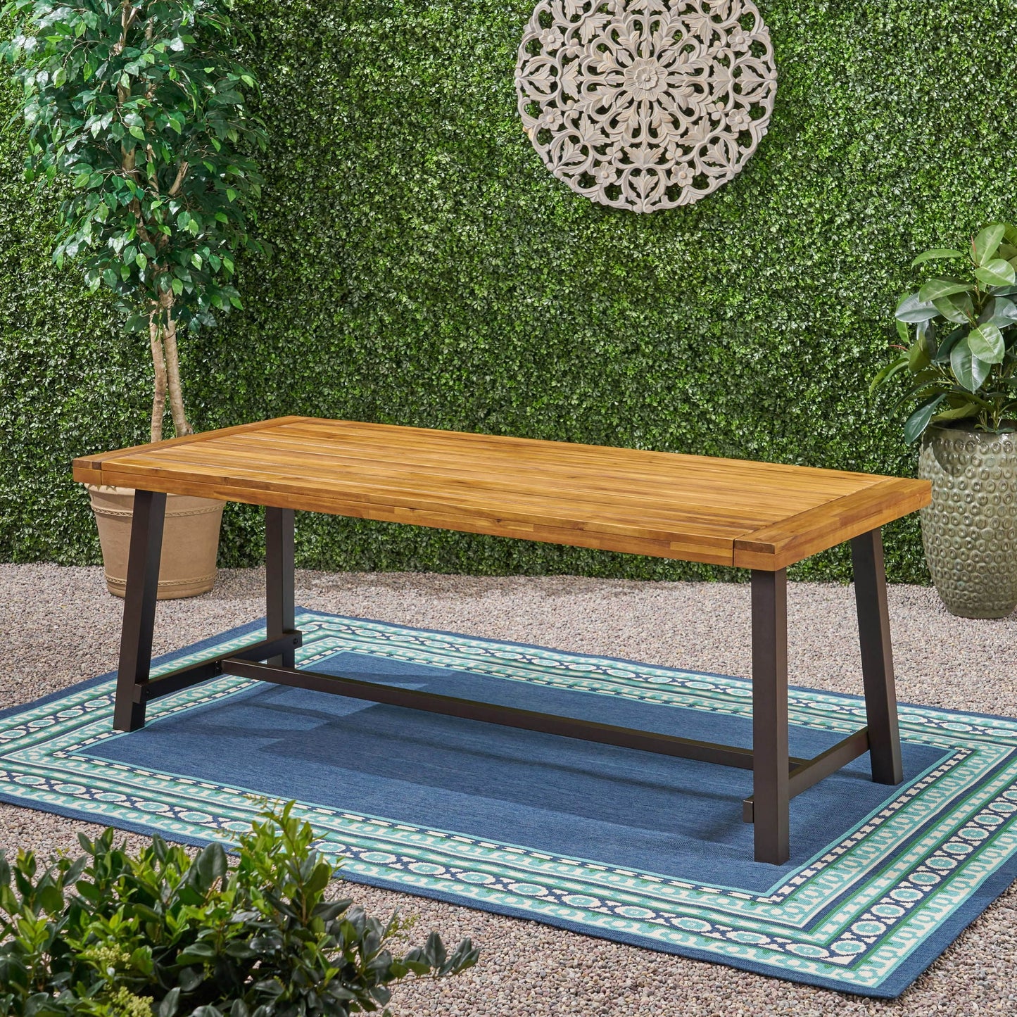 Equilibrium Outdoor Dining Table with Wooden Frame and Slat Top