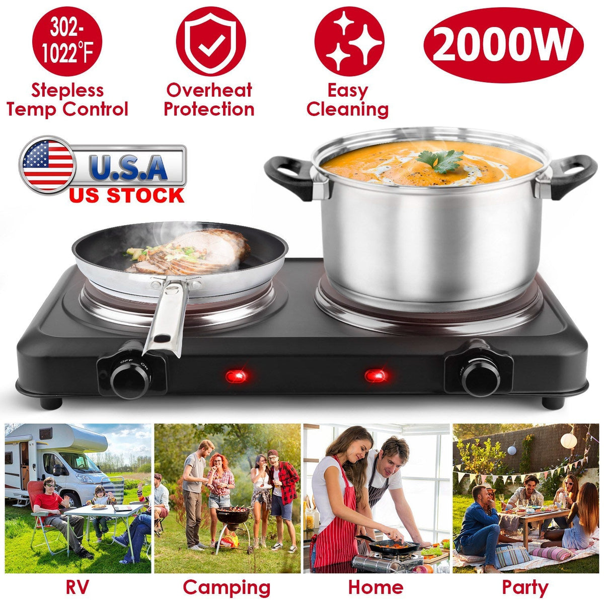 2000W Electric Infrared Dual Burner Portable Heating Hot Plate Stove Countertop RV Hotplate with 7.5Ó & 6.3Ó Glass Cooktop Stepless Temperature Adjust