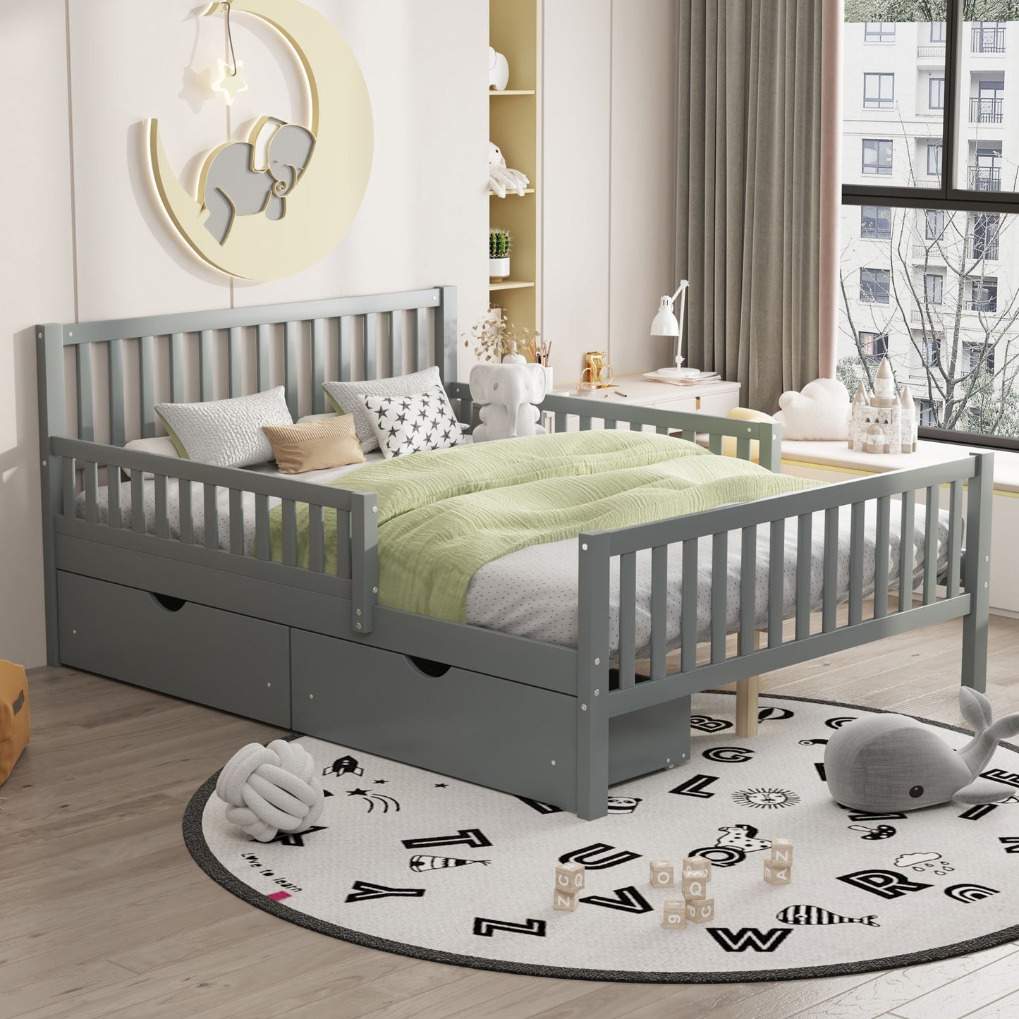 Platform Bed With Guardrails On Both Sides And 2 Storage Drawers