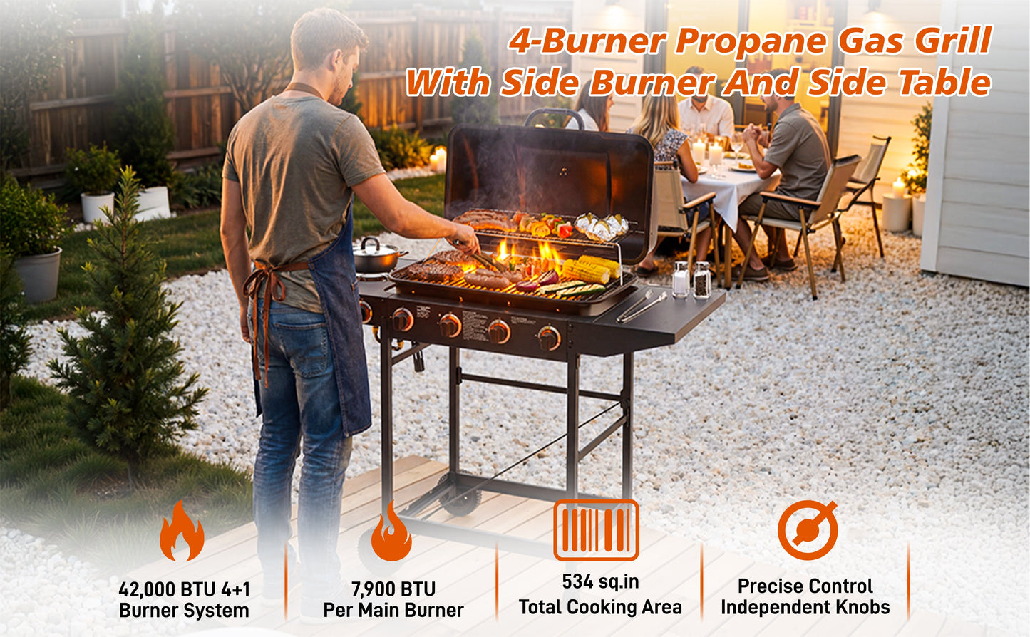 4 Burner Propane Gas BBQ Grill with Side Burner