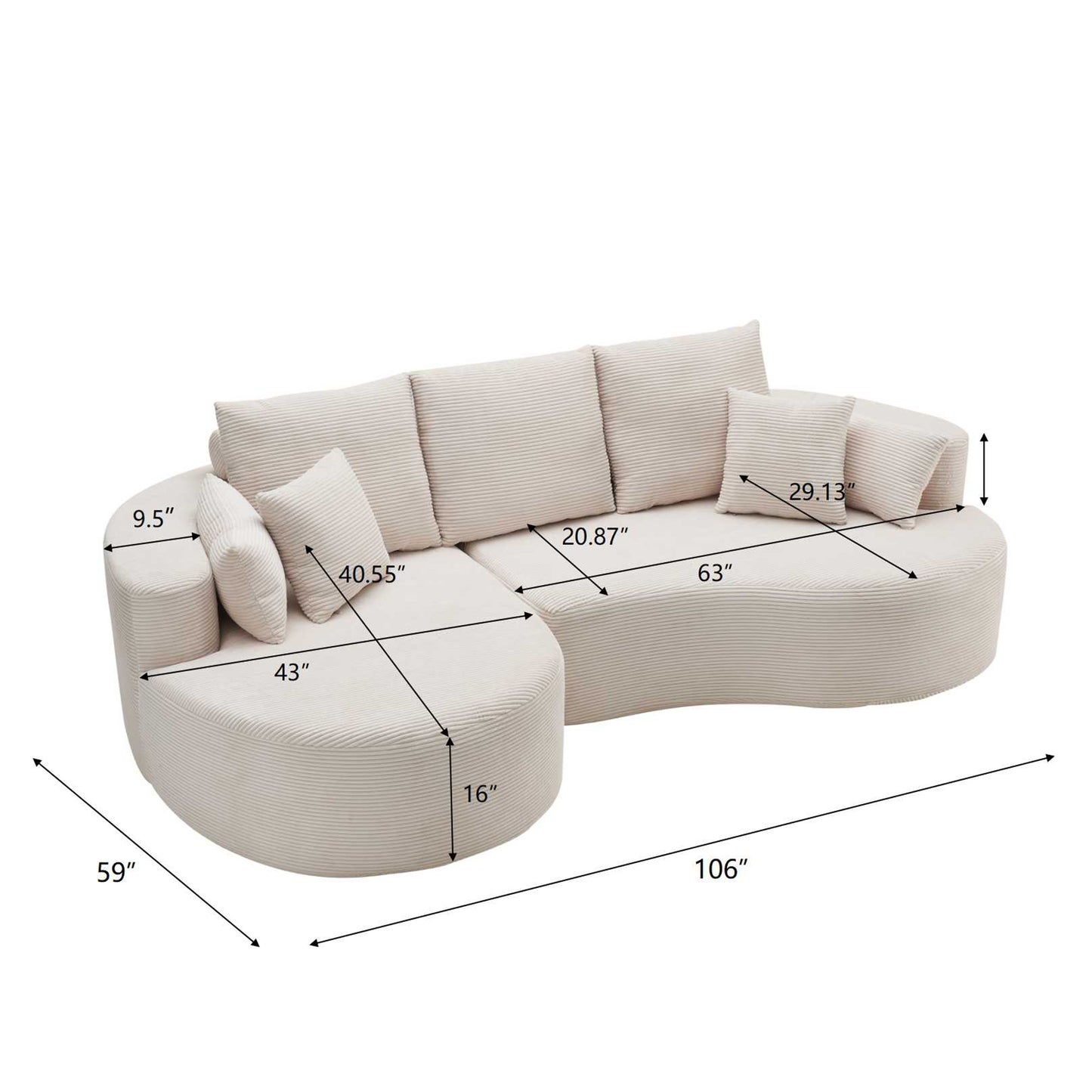 106 in. 2-Piece Fabric Cloud Curved Sectional Corduroy Sofa with Chaise