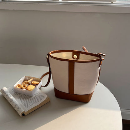 Retro Fashion Simple Texture Splicing Bucket Bag - Versatile Women's Shoulder & Crossbody Bag