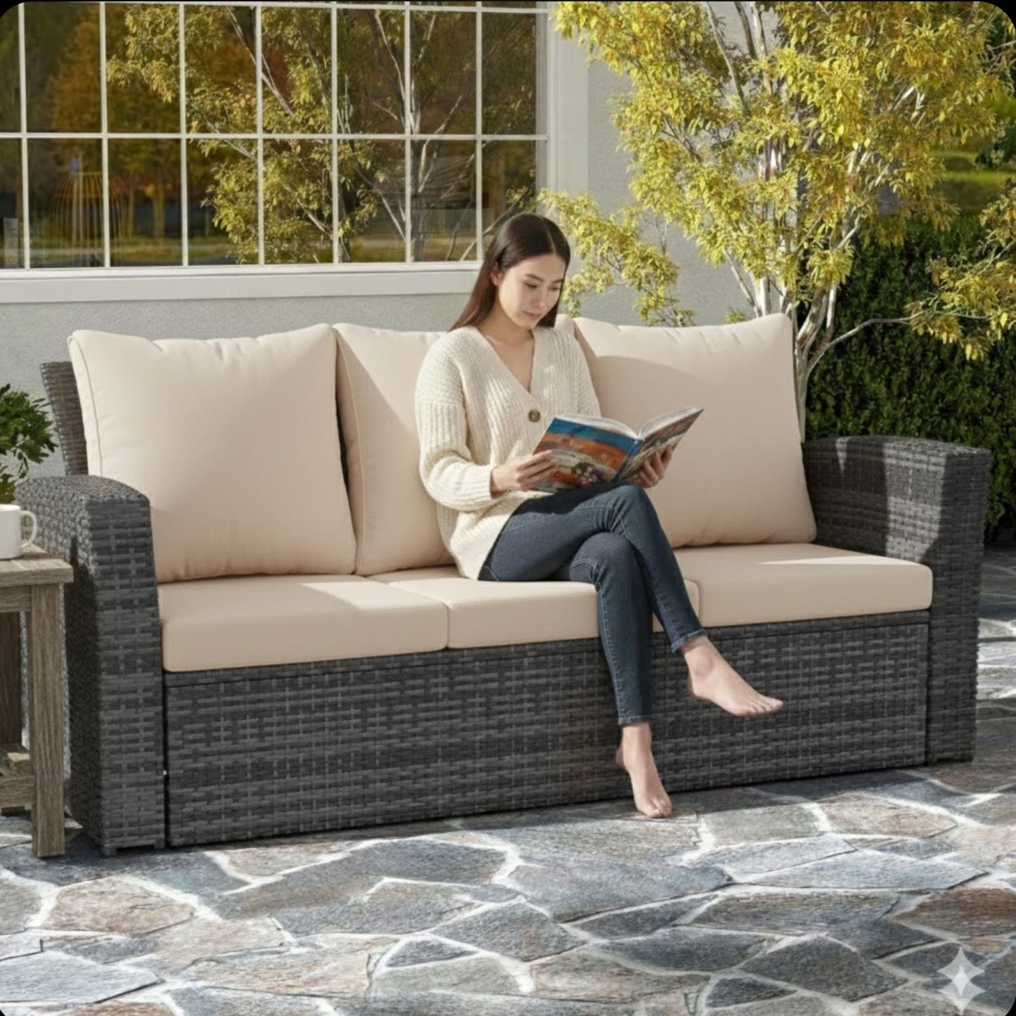 All-Weather Wicker 3 Seat Patio Sofa With Thick Cushions