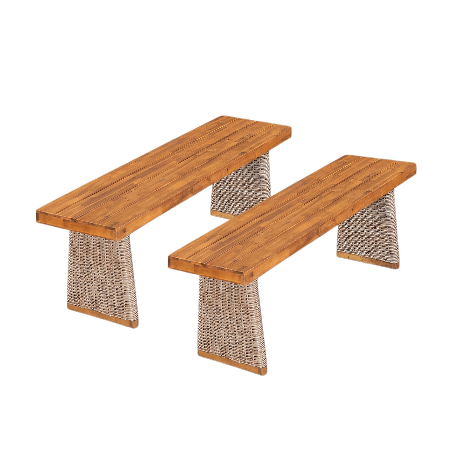 Outdoor Acacia Wood Bench Set of 2 with Teak Finish