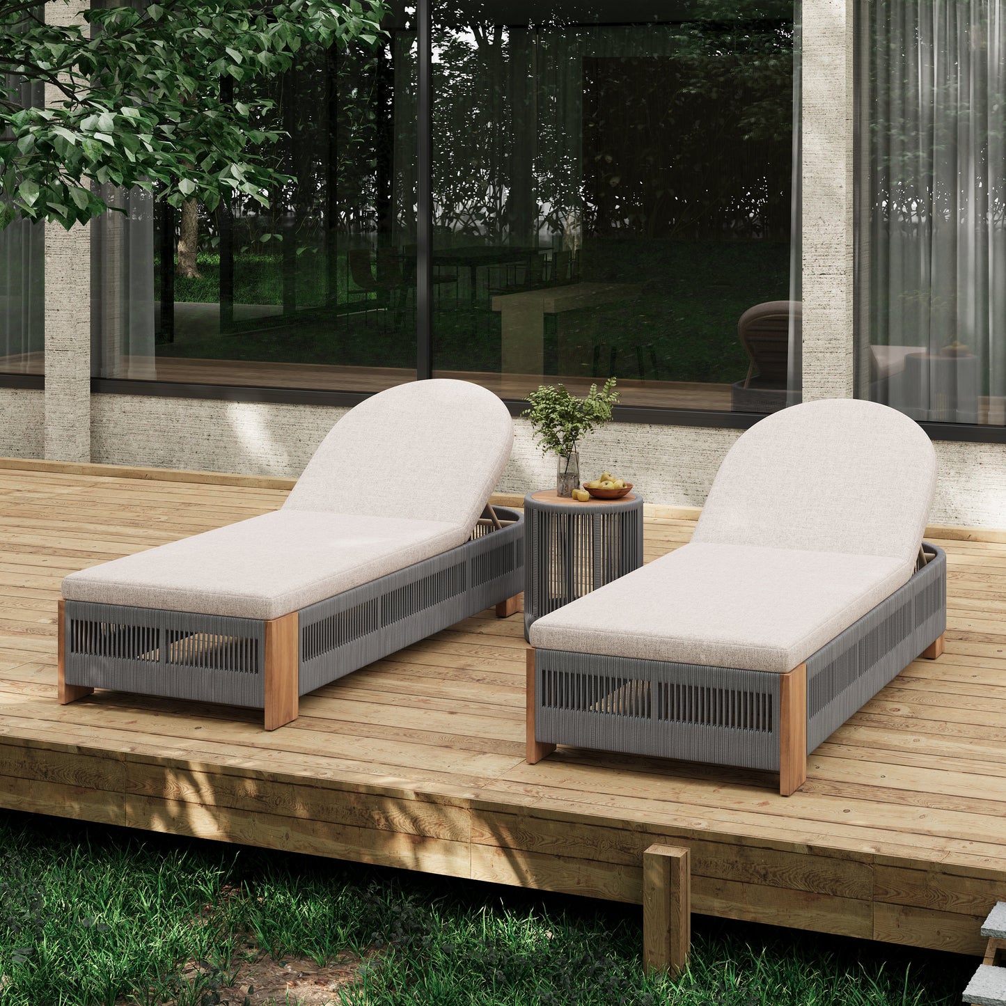 Outdoor Rope Chaise Lounge Set with Teak Look Side Table