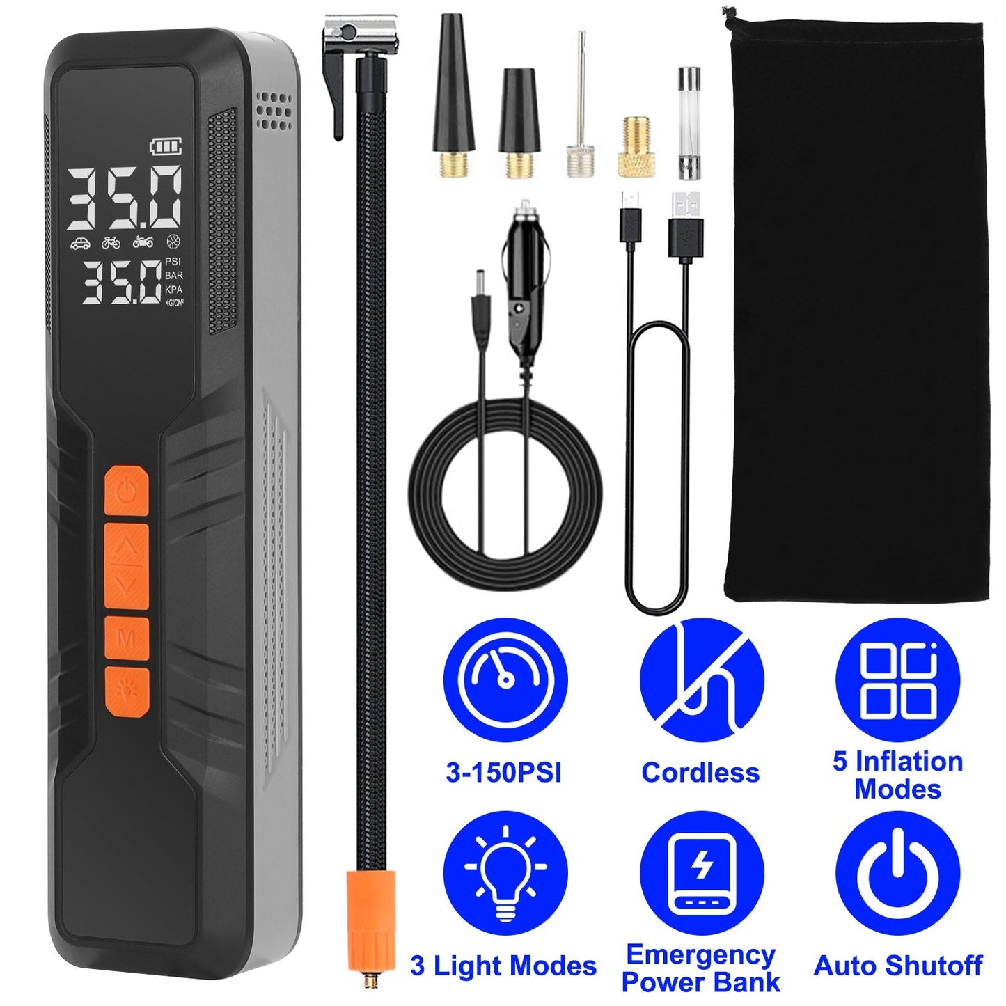 150PSI Portable Tire Inflator Cordless Digital Air Compressor Compact Air Pump with 5 Inflation Modes 3 Light Modes Emergency Power Bank