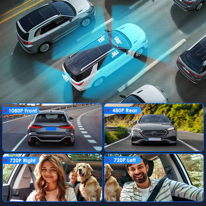 4-Channel Car Dash Cam | 1080P Front, Side/Rear Views, Night Vision & Parking Monitor
