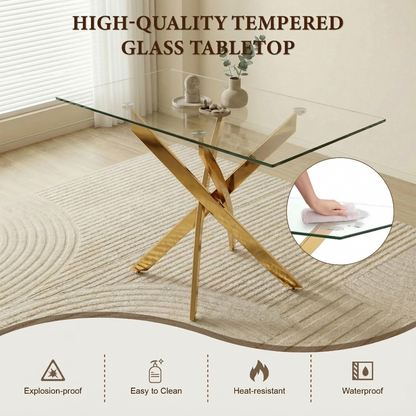Rectangular Glass Dining Table with Gold-Plated Legs