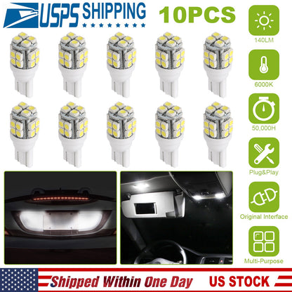 10Pcs 12V T10 LED Light Bulb Wedge Base Interior Dome Map LED Lights License Plate Trunk Side Positioning Lights 6000K White