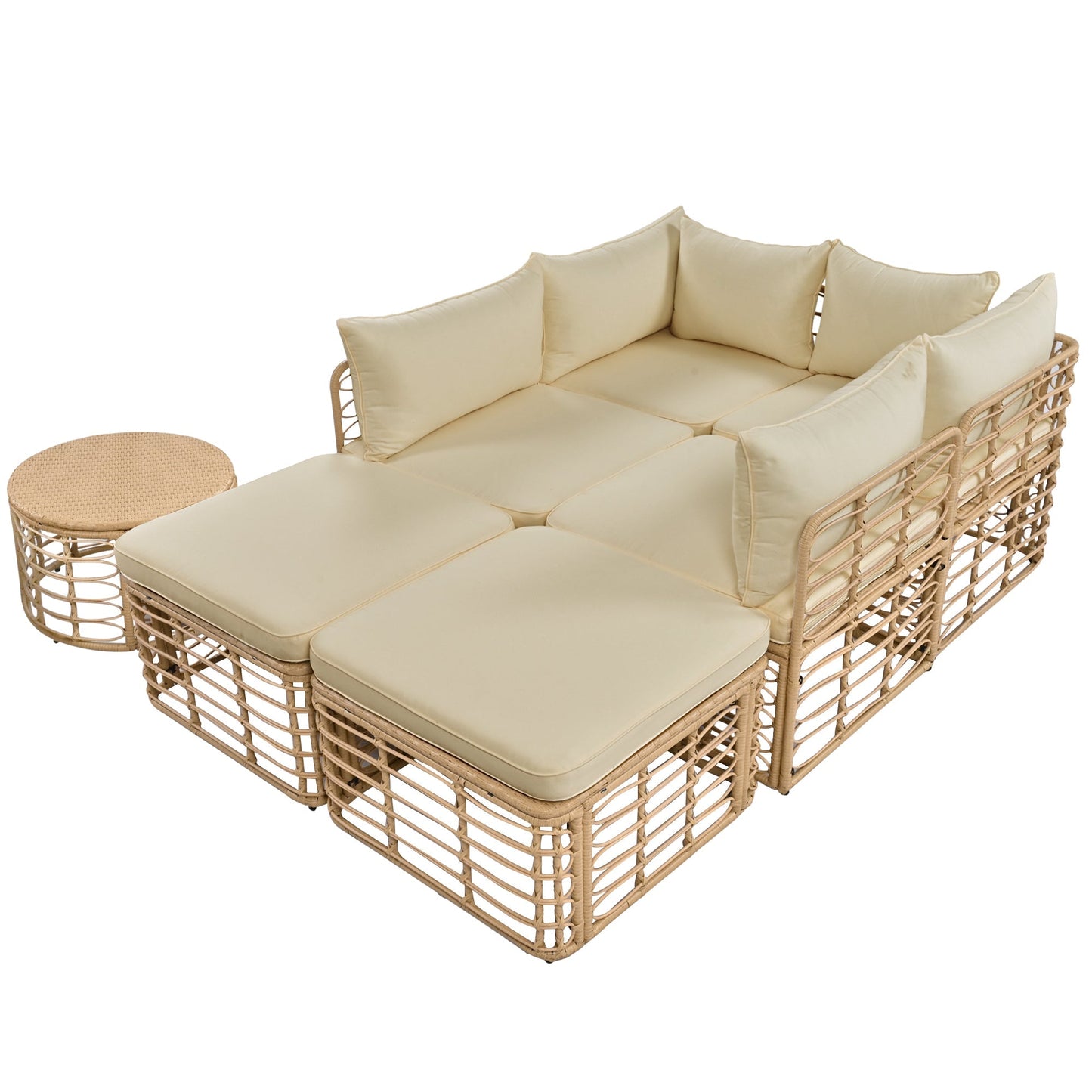 7 Pieces Outdoor Patio Furniture, All-Weather Rattan Sectional Sofa Set with Thick Cushions and Pillows, Freely Combined Conversation Sets for Garden, Backyard, Balcony, Brown