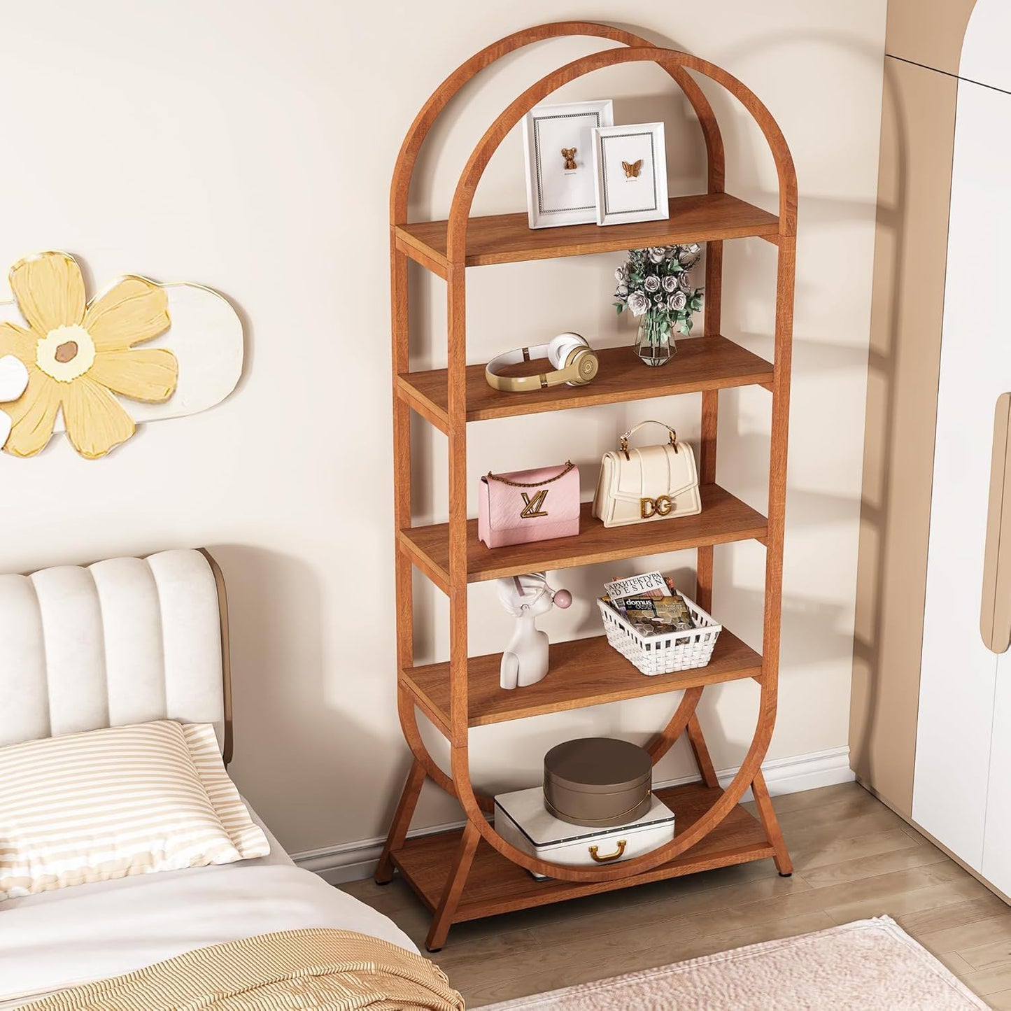 Arched 5 Tier Open Bookshelf For Office - Brown