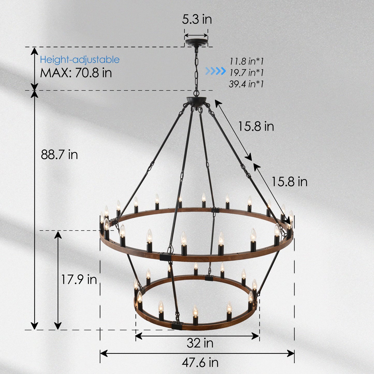 Large Solid Wood Wagon Wheel Chandelier, 2-Tier 32-Lights