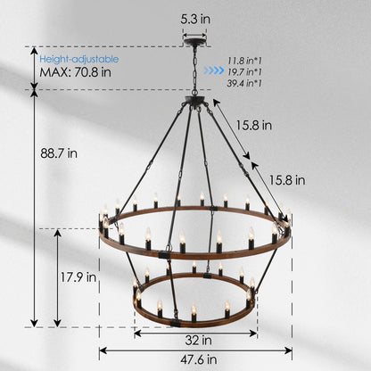 Large Solid Wood Wagon Wheel Chandelier, 2-Tier 32-Lights
