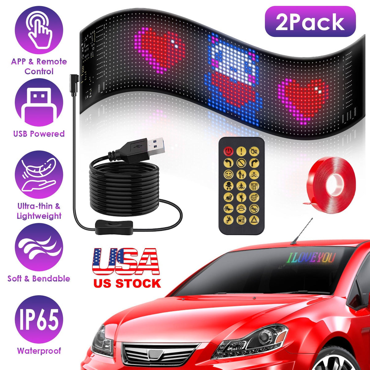 2Pack 20x64 Matrix Devil Eyes Lights For Car Ultra-thin Programmable LED Car Signs with APP Remote Control DIY Design Text Patterns Animations