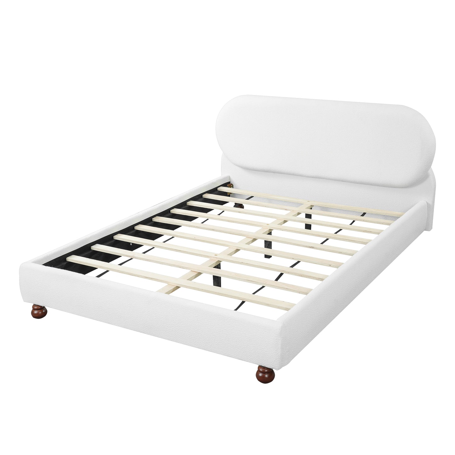 Cream-colored Boucle Upholstered Bed with Rubber Wood Foot, Queen