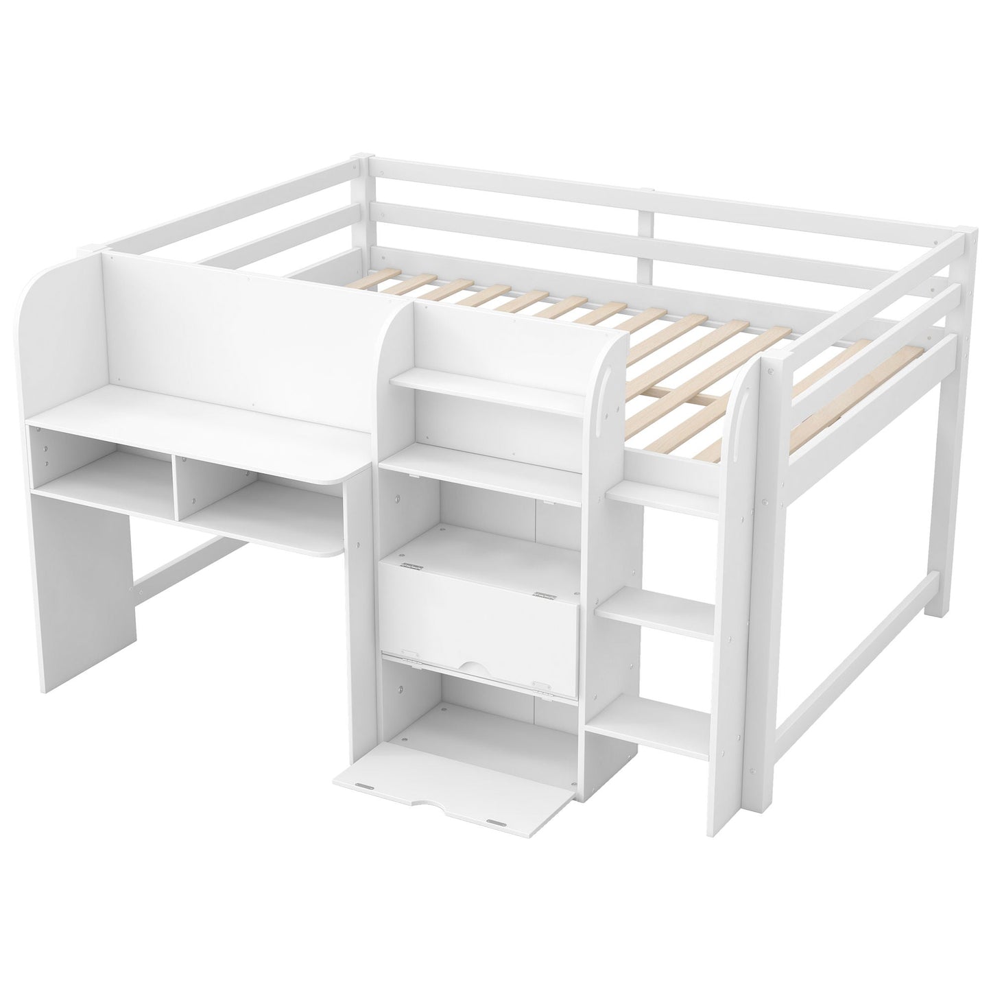 Low Loft Bed With Built In Desk, Storage Cabinets, Open Bookcase And Doodle board