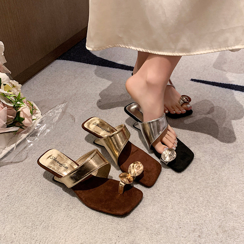 Women French Wedge Toe Loop Slide Sandals, 2026 New Summer Niche Square Toe Slip On Mules For Matching Dresses
