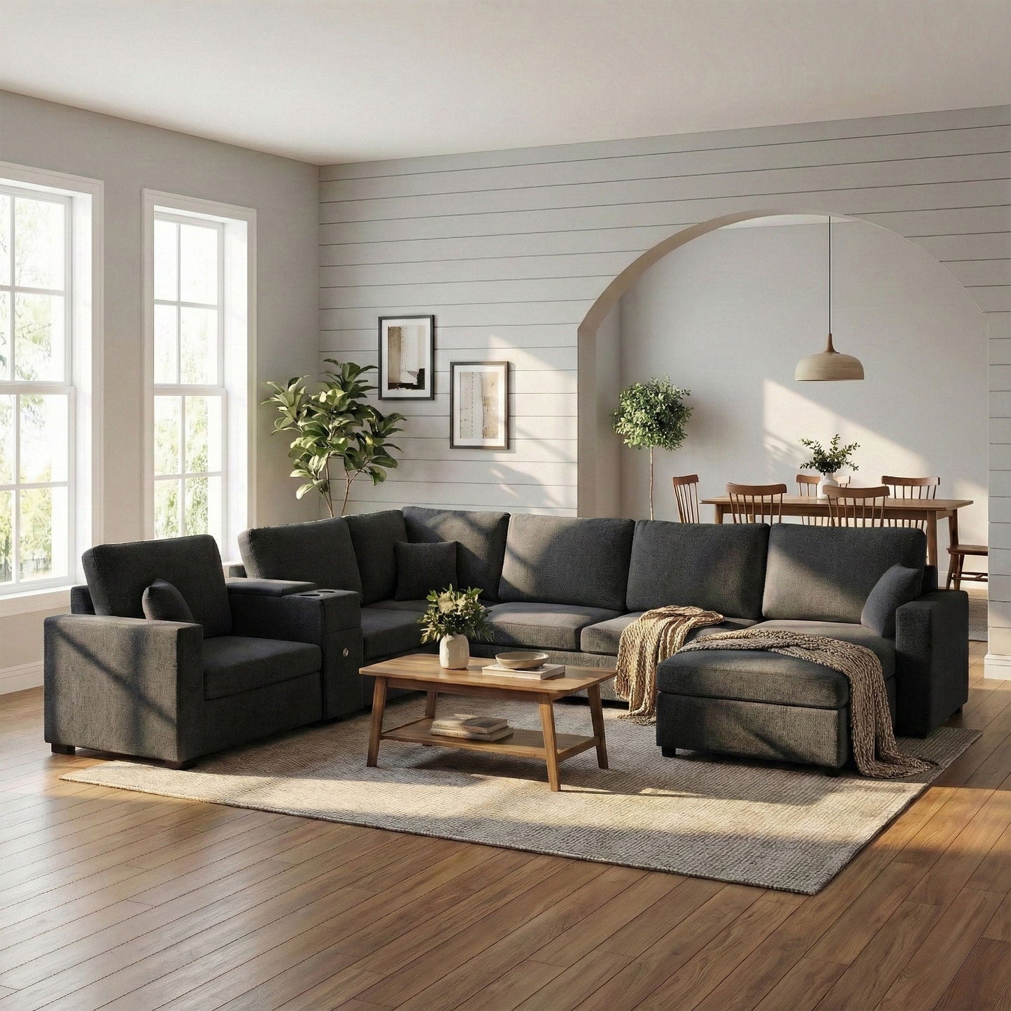 Modular 5 Seat U-Shape Sectional Sofa With Chaise Lounge, Built In Cup Holders And Storage Drawer