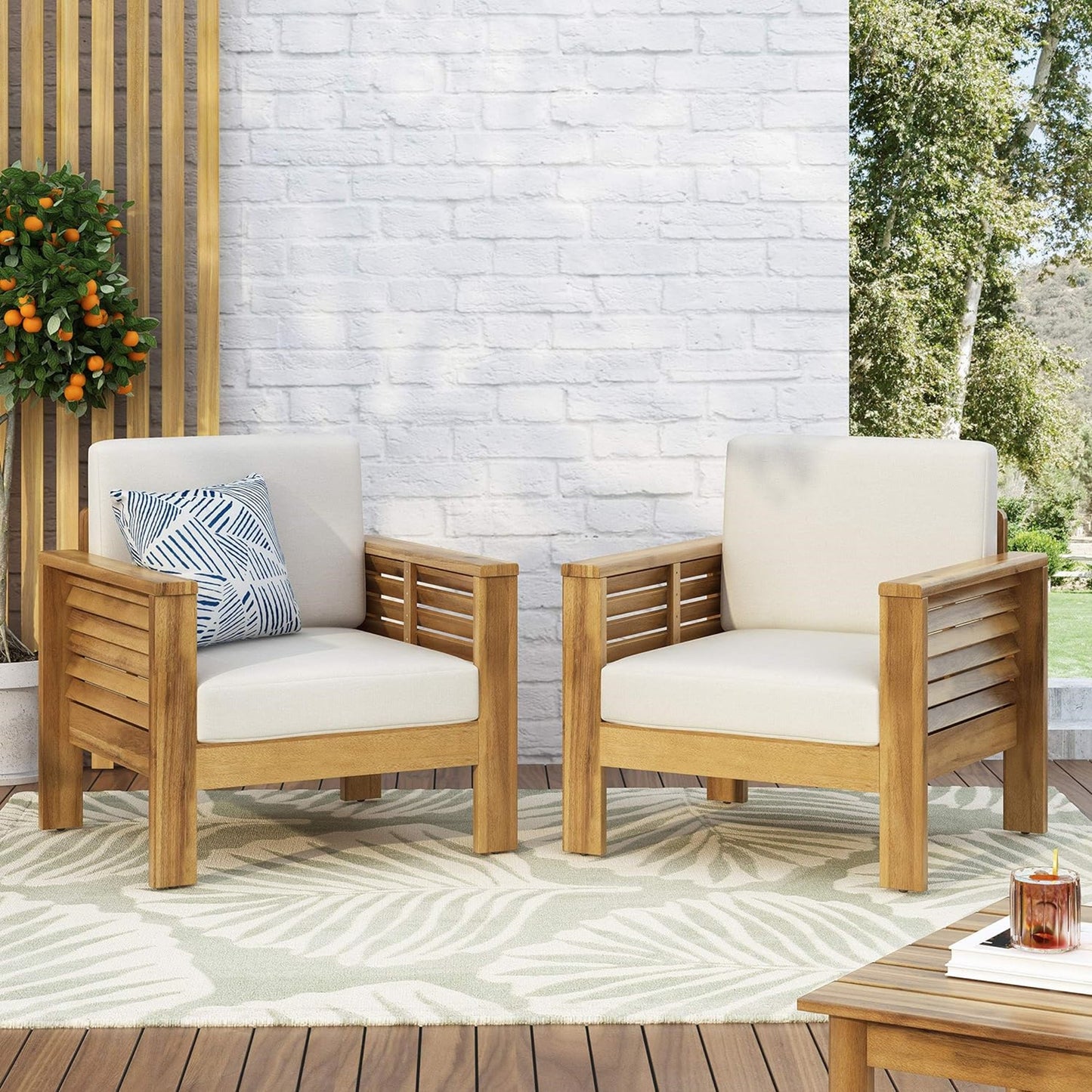 Set of 2 Outdoor Acacia Wood Club Chairs with Cushions