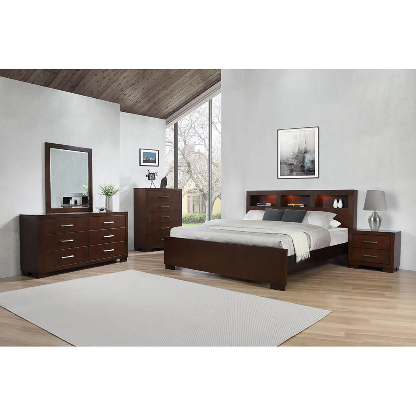 Queen Bed With Bookcase Headboard - Brown