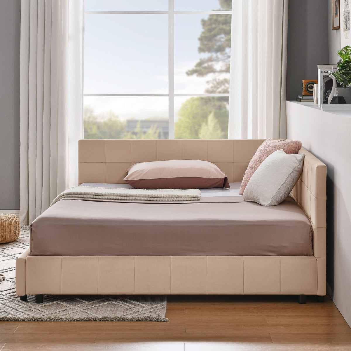Mid-Century Storage Upholstered Tufted Bed Frame With Backrest And Armrests