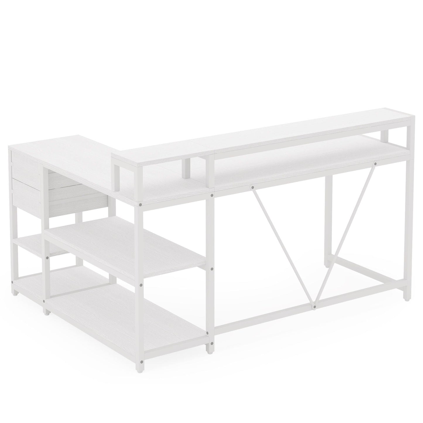 L-Shaped Home Office Desk With Monitor Riser, Drawers, And Storage Shelves