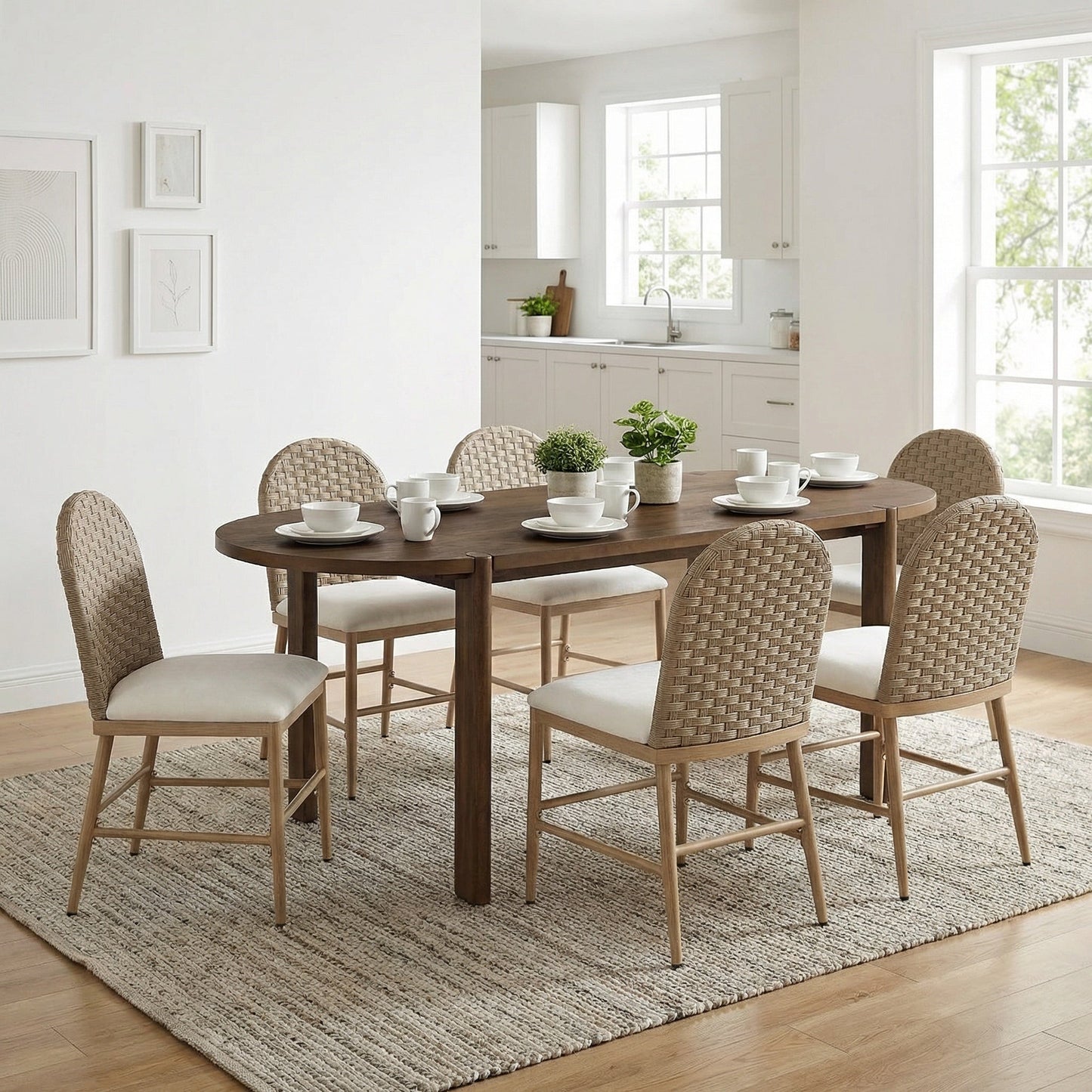 7 Pieces Modern Oval Dining Set, Rustic Farmhouse Solid Wood Kitchen Table Set for 6