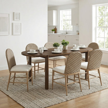 7 Pieces Modern Oval Dining Set, Rustic Farmhouse Solid Wood Kitchen Table Set for 6