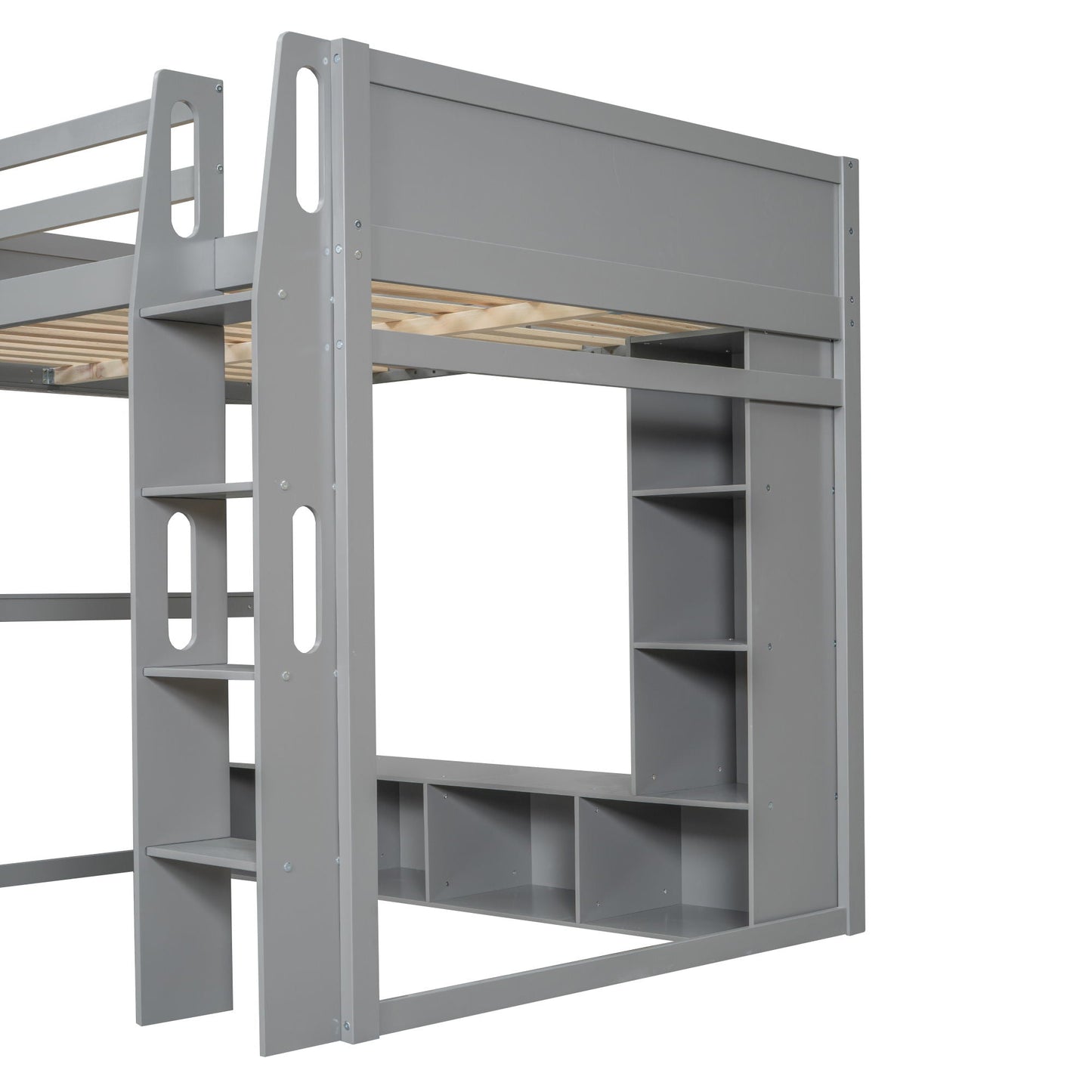 Gaming Loft Bed With Desk, Multi Storage Shelves, LED Lighting, And Hanging Clothes Rack