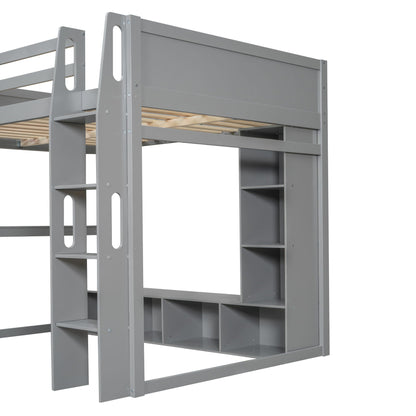 Gaming Loft Bed With Desk, Multi Storage Shelves, LED Lighting, And Hanging Clothes Rack
