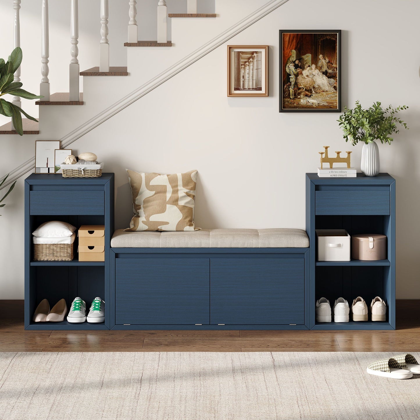 Entryway Storage Bench With Cushion, Drawers & Open Shelves