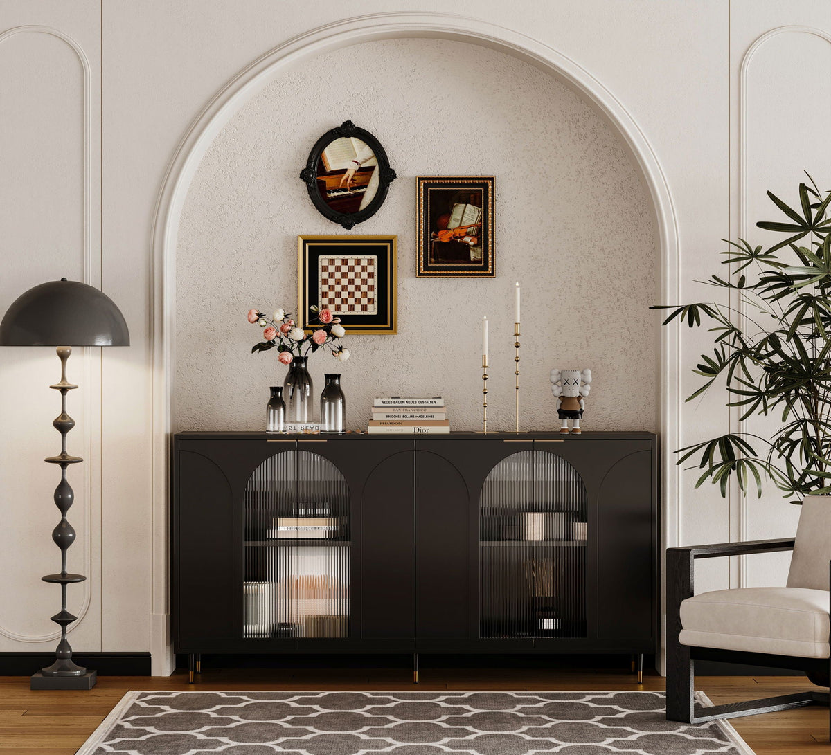 Accent Cabinet Lacquered Wooden Cabinet With 4 Glass Doors Sideboard Buffet Server Cabinet Storage Cabinet, For Living Room, Entryway, Hallway, Office, Kitchen And Dining Room