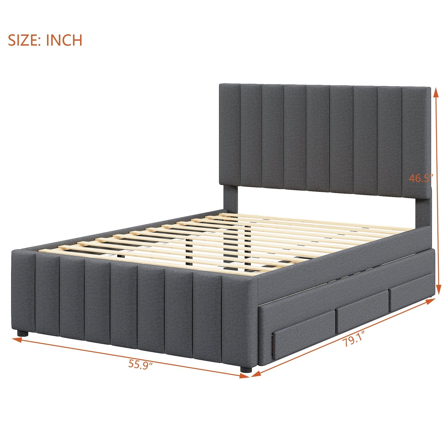 Full Size Upholstered Platform Bed with Twin Size Trundle and 3 Drawers