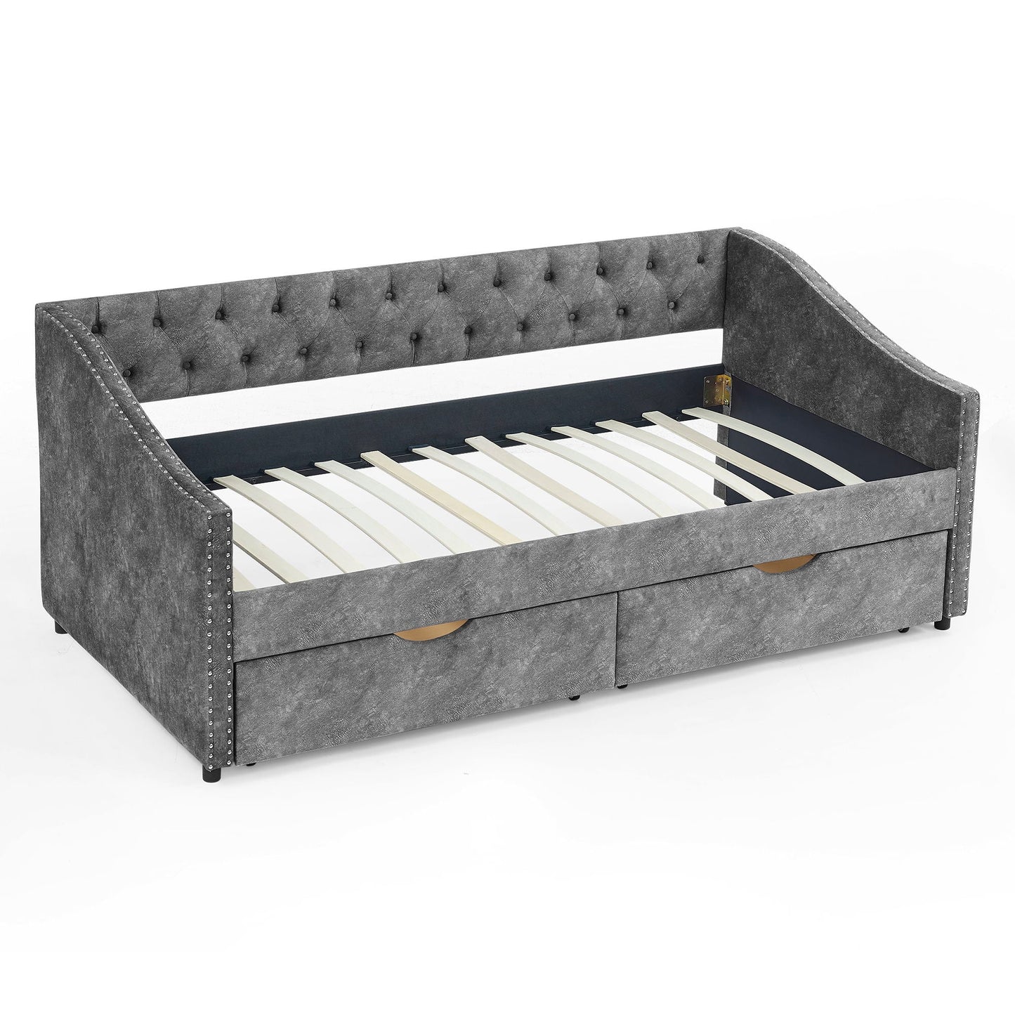 Upholstered Tufted Daybed With 2 Drawers, Waved Arms