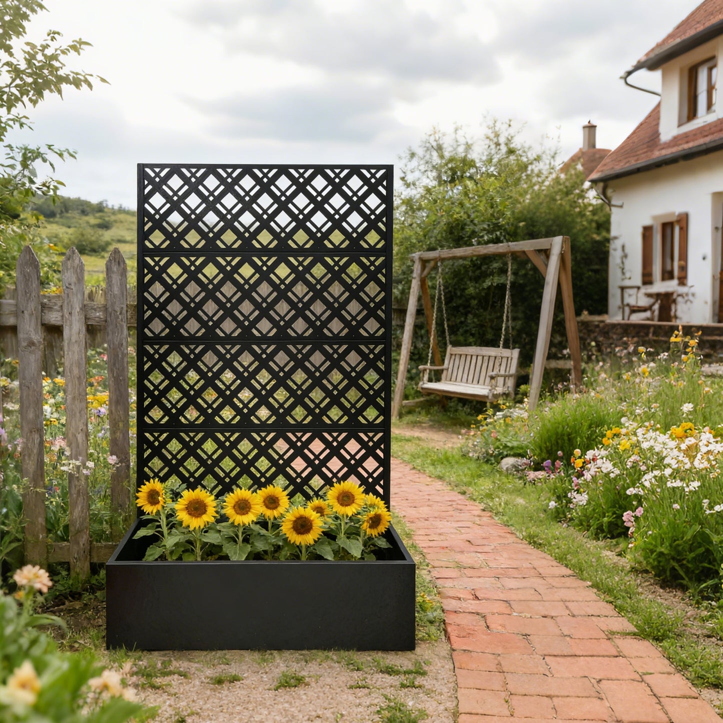 Rhombus Black Metal Planter Raised Garden Bed with Trellis