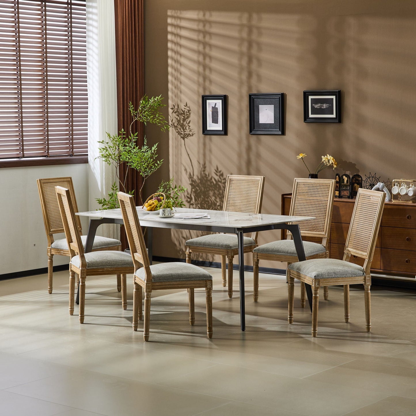 French Country Dining Chair With Rectangular Cane Backrest And Smooth Upholstered Seating