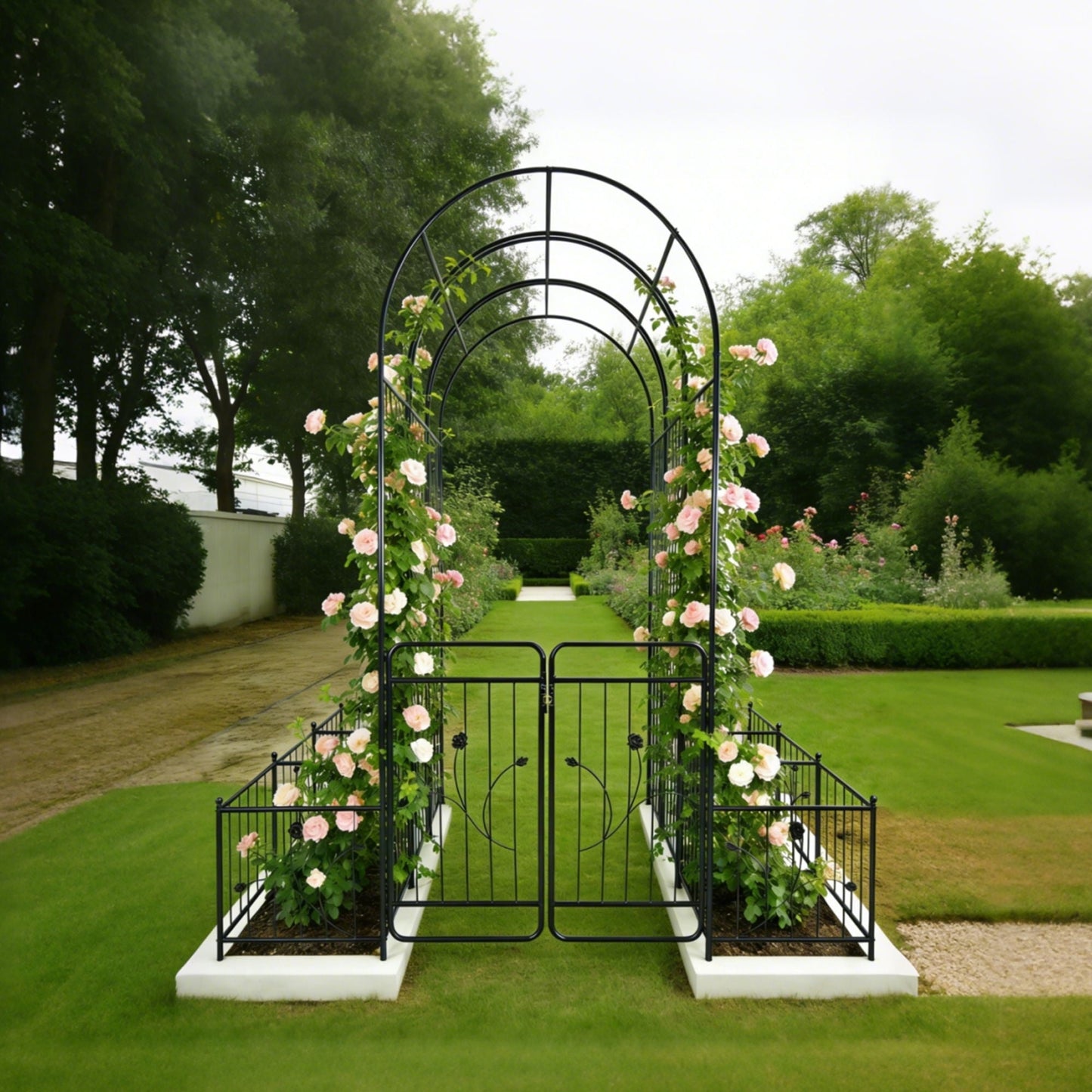 Metal Garden Arch With Gate Wide High Climbing Plants Support Rose Arch Outdoor - Black