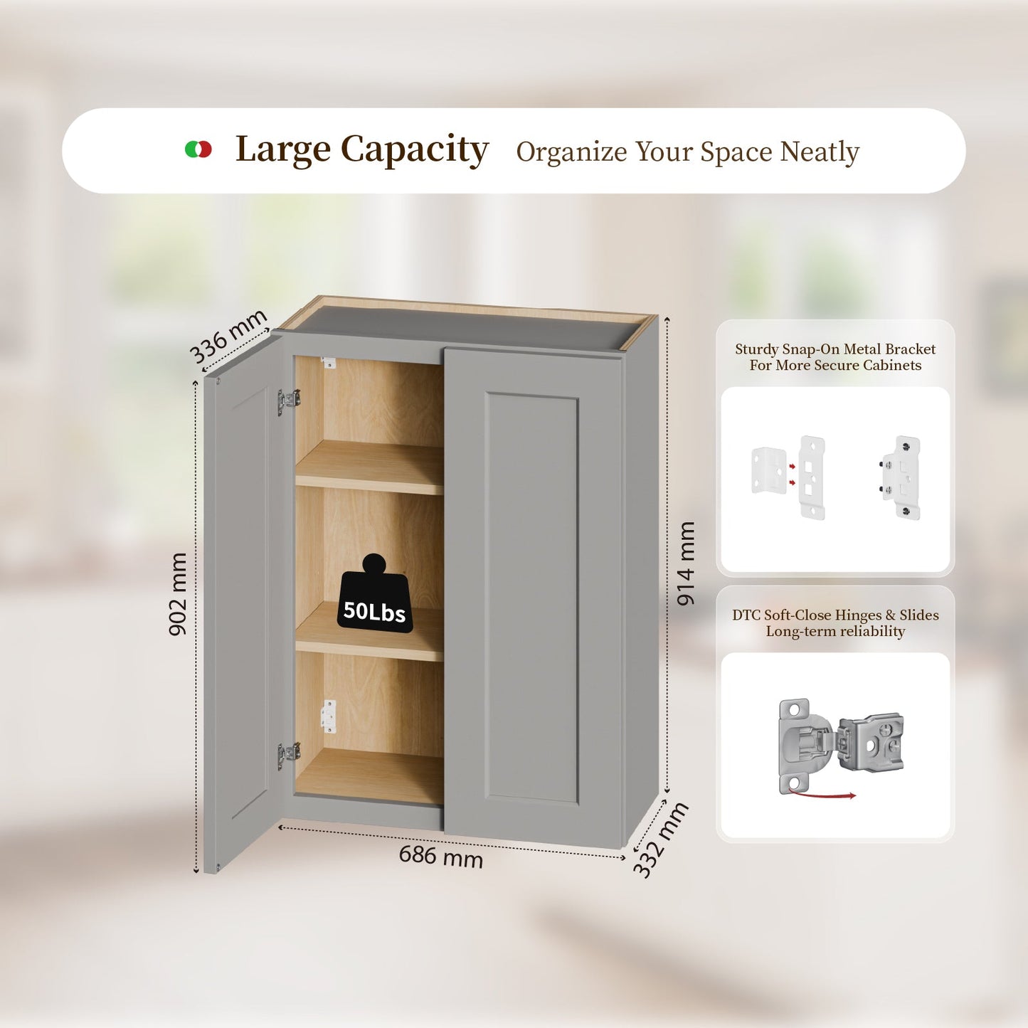 Gray Shaker Solid Wood Wall Cabinet with Soft-Close Doors