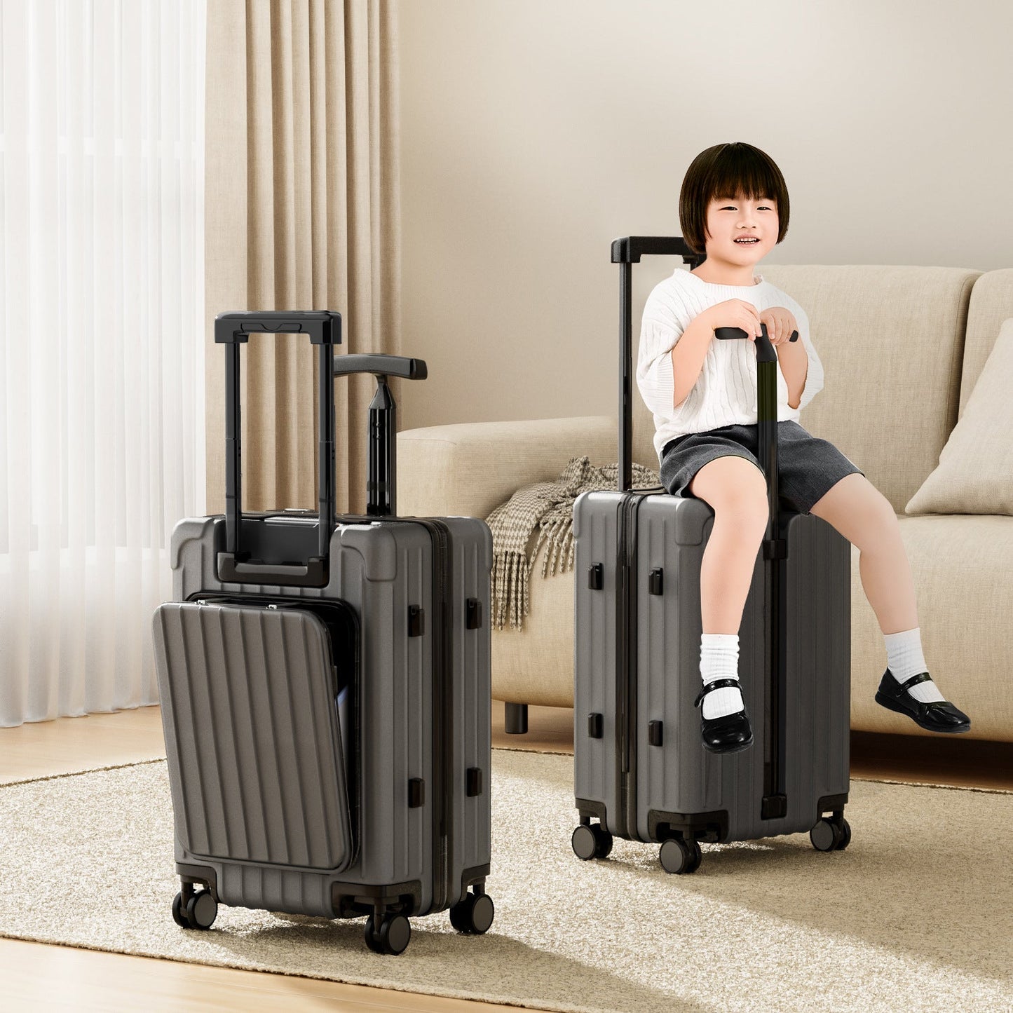 Double Pole Design Portable Luggage, Mother's Luggage, Children's Riding And Sitting Roller Luggage, Front Opening Luggage, Silent Rotating Wheels, Dry Wet Separation, T-shaped Handle Travel Bag