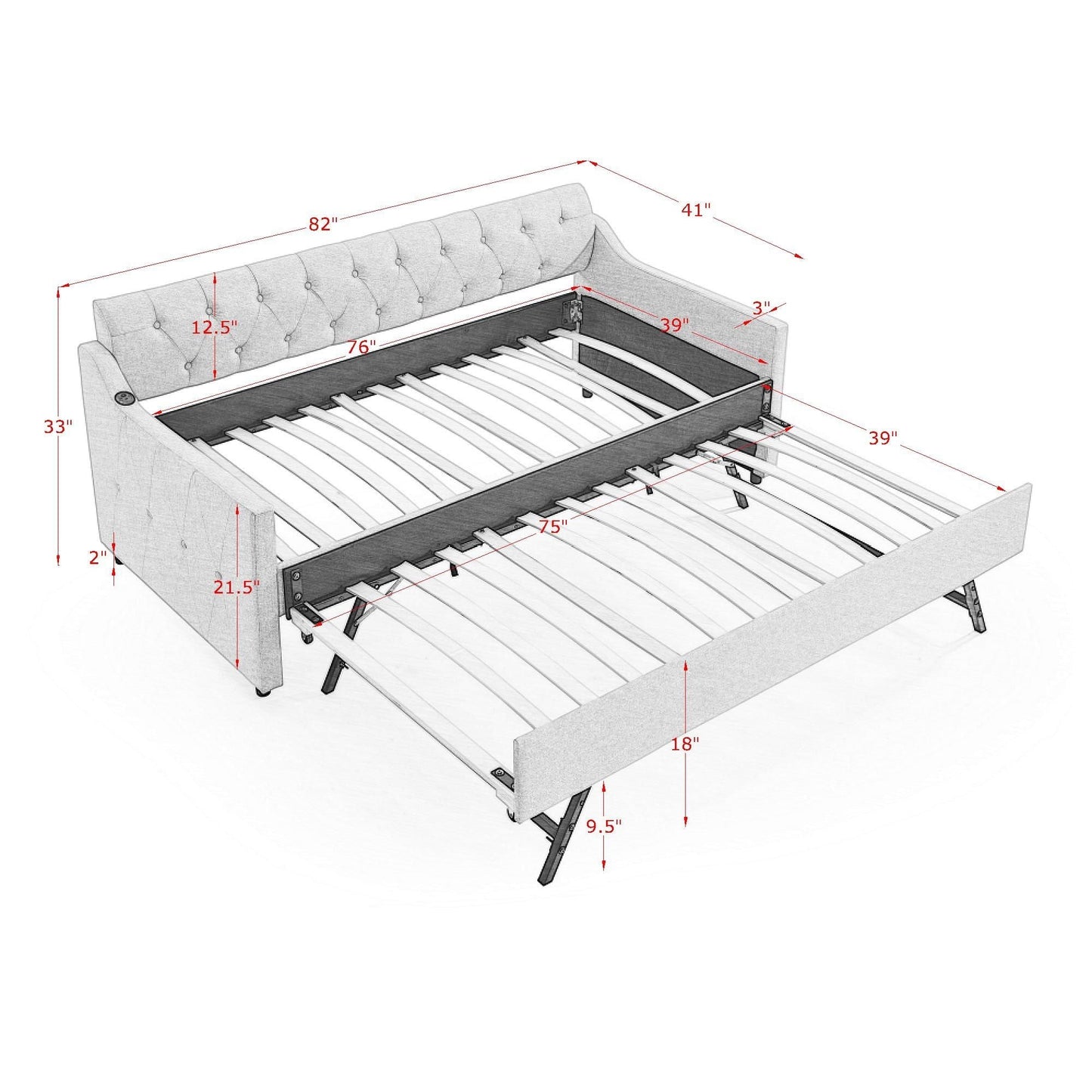 Size Upholstered Daybed With Trundle And USB Charging Armrest