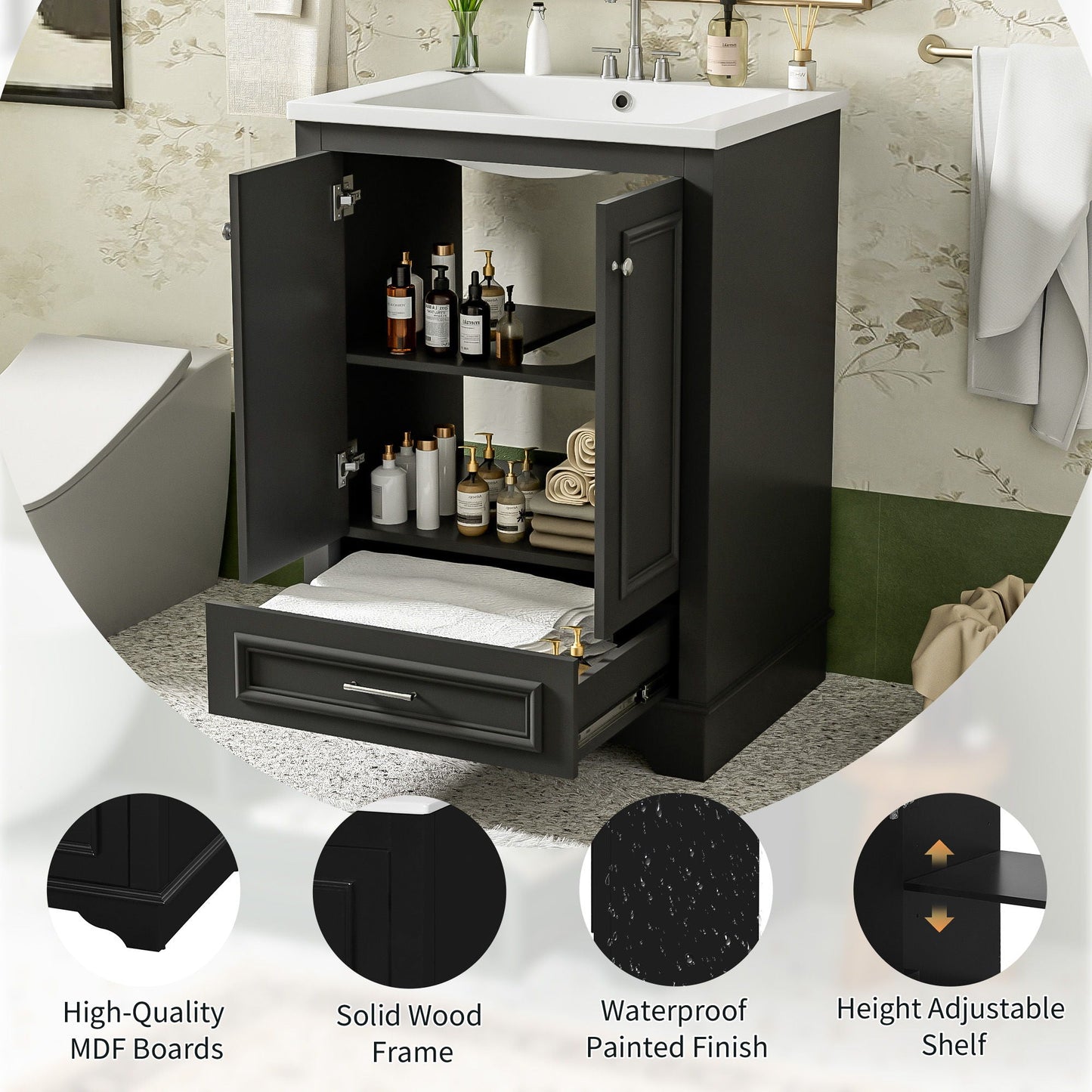Bathroom Vanity With Ceramic Sink Combo, Modern Freestanding Storage Cabinet With Silver Handles