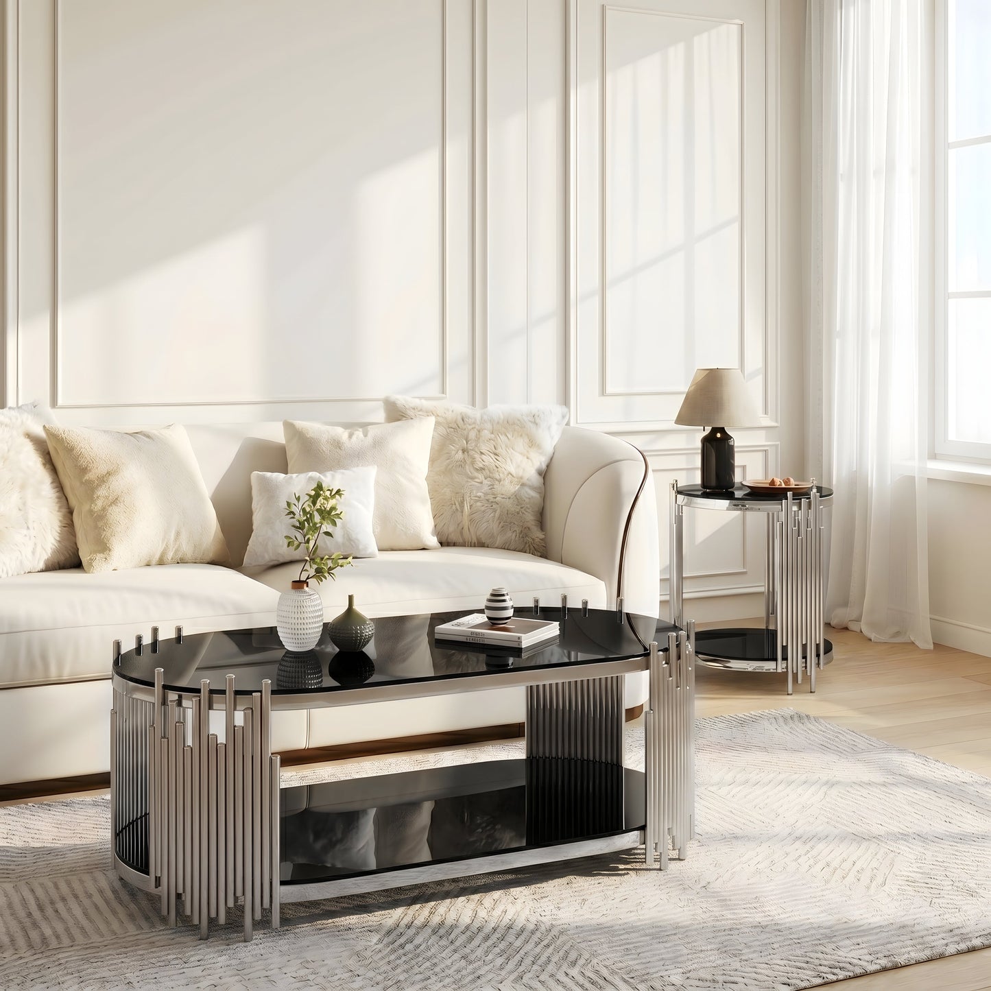 Modern Luxury Coffee Table and Side Table Set, 2-Piece Oval