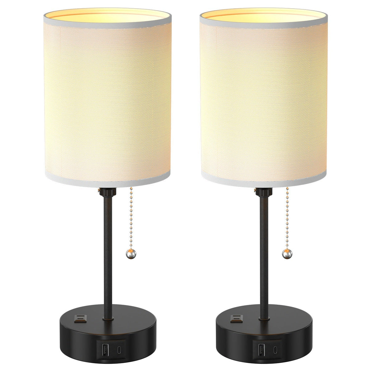 2Pcs Beside Lamps for Bedroom 3 Color Modes Nightstand Lamp USB C+A AC Output Ports Pull Chain E26 Bulb Light