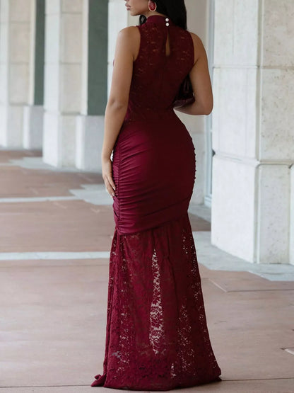 Lace Keyhole High-Slit Maxi Dress