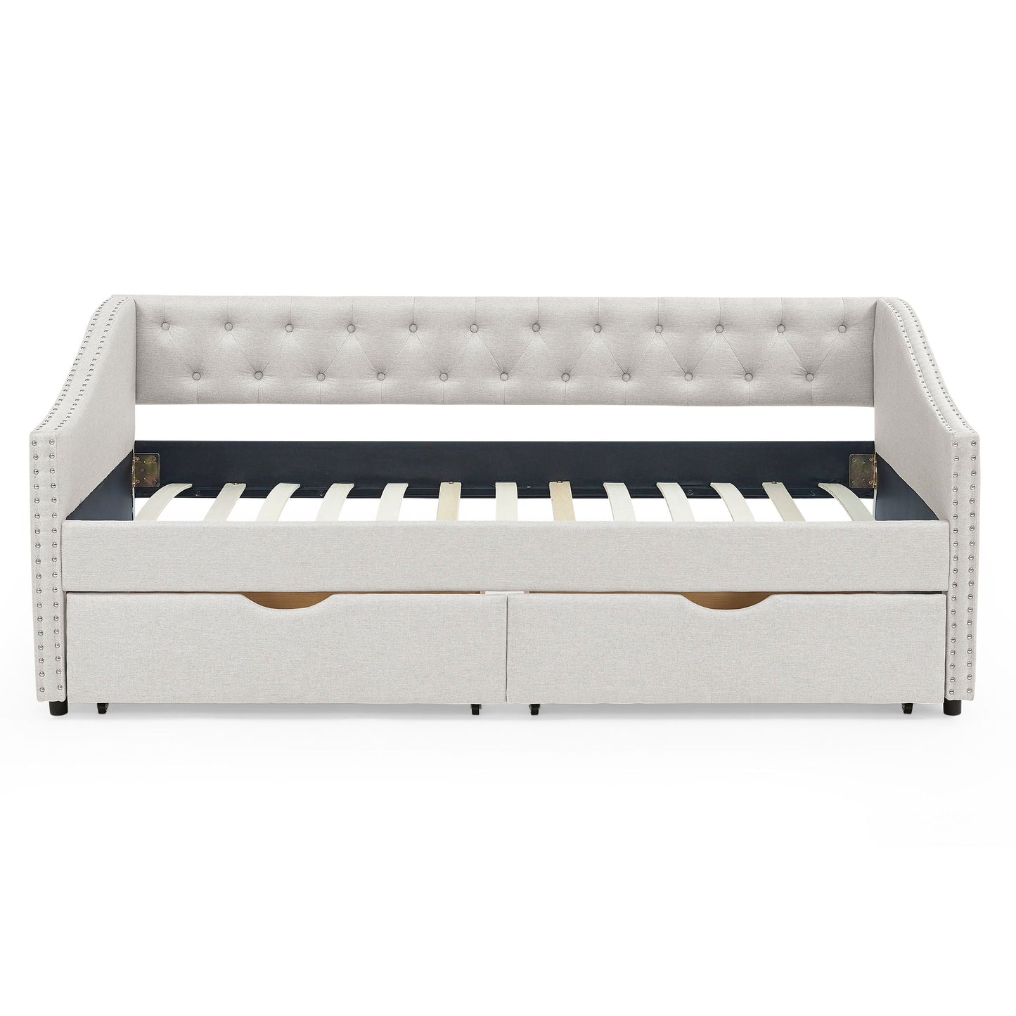 Upholstered Tufted Daybed With 2 Drawers, Waved Arms