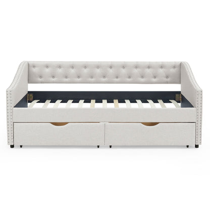 Upholstered Tufted Daybed With 2 Drawers, Waved Arms