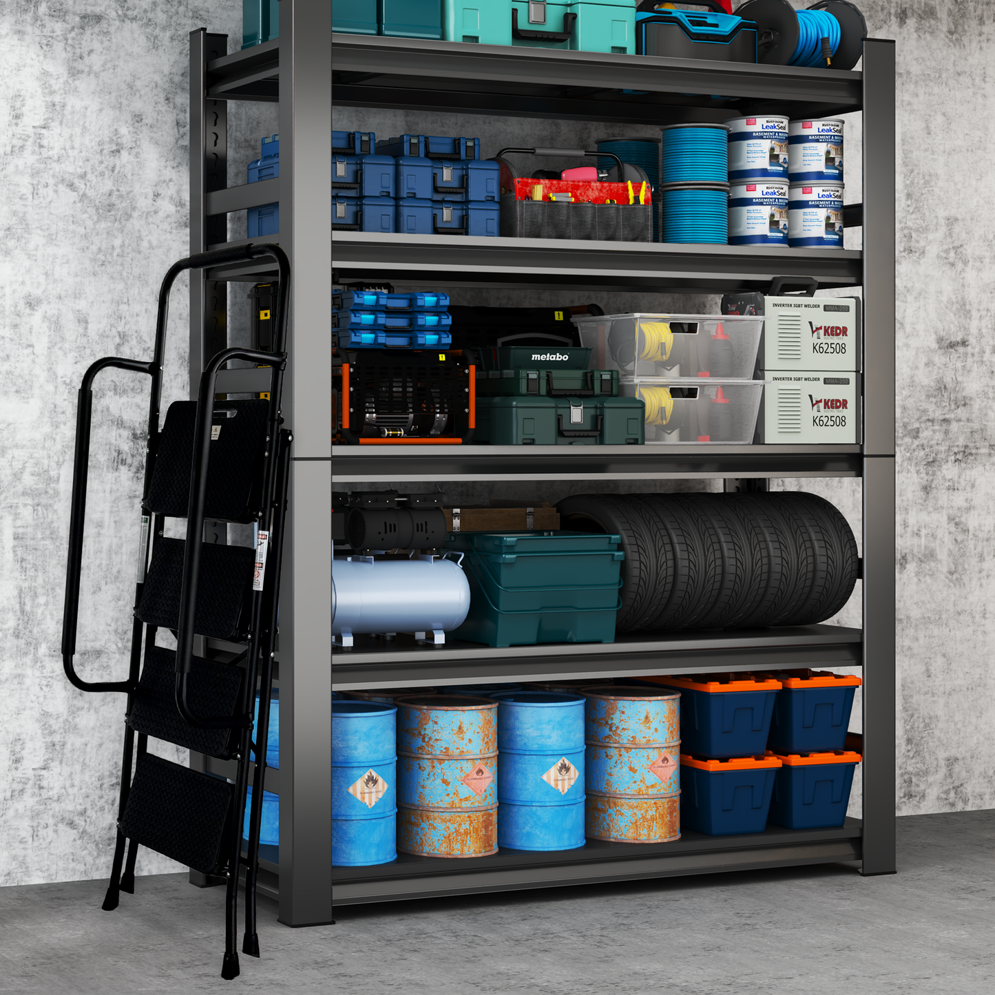 4 Step Folding Steel Ladder with Anti-Slip Pedals and Handrail