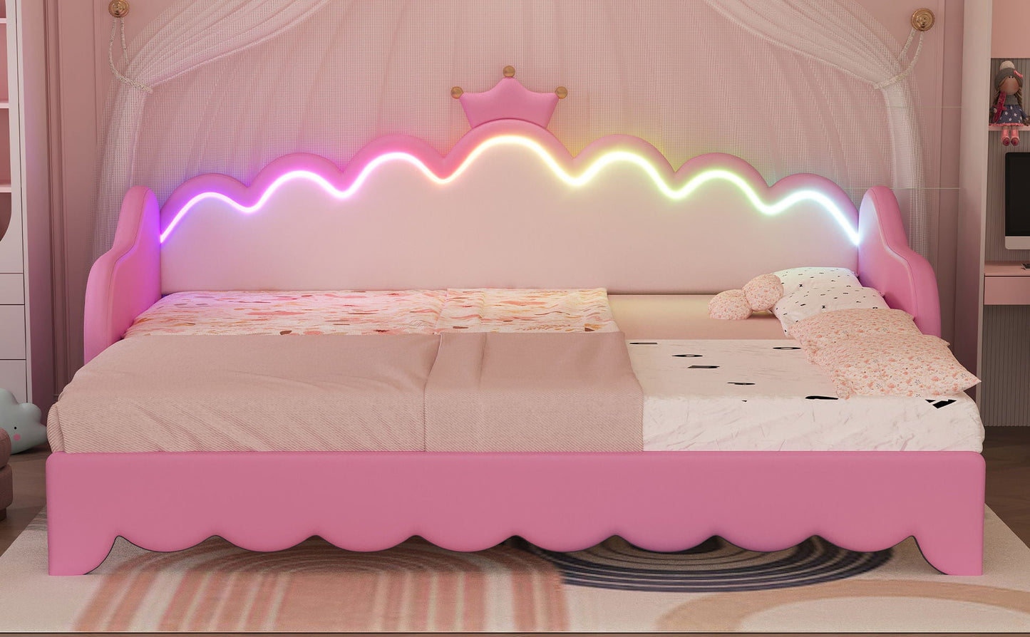 Extending Daybed With LED Lights, Modern Upholstered Princess Daybed With Crown Headboard