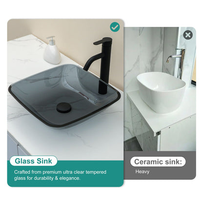 Square Vessel Sink For Bathroom, Above Counter Design With Pop Up Drain, Smooth Rounded Edges - Gray