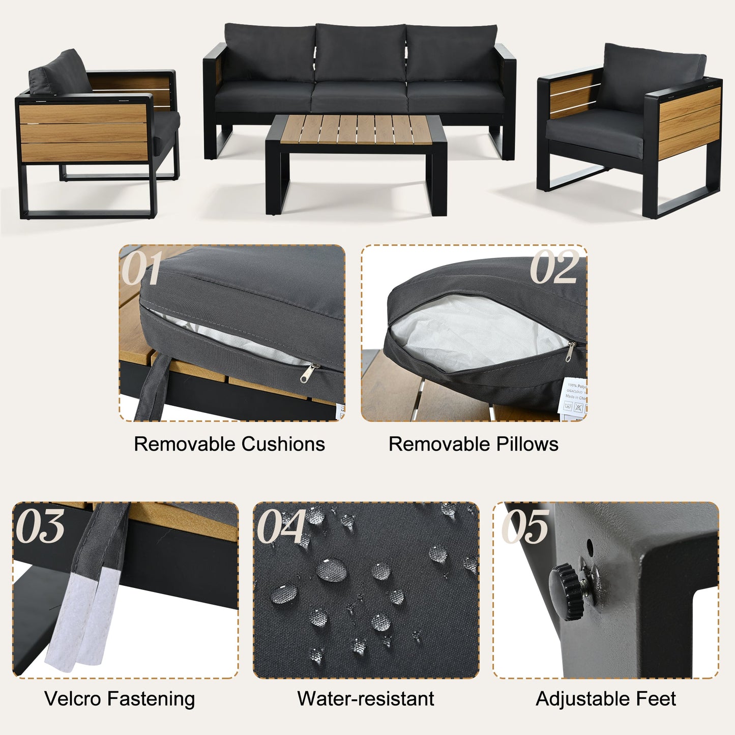 Aluminum Frame Large 4-Piece Outdoor Patio Furniture Set for 5 Person